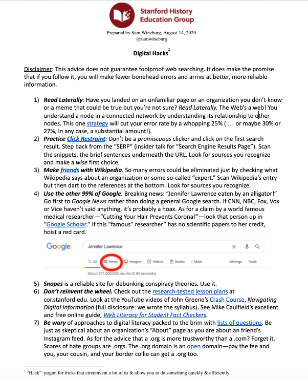 samwineburg's tweet image. Some teacher friends issued a challenge: Come up with 1-pager (no tiny type either!) that helps them &amp;amp; their students make better decisions on the web. Hope it&apos;s useful! docs.google.com/document/d/1Uj…