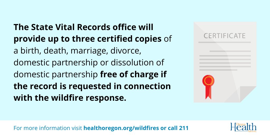Many Oregon families may have lost all vital documents due to the wildfires burning across the state. The Center for Health Statistics has issued temporary rules to waive fees for certified copies of records for these families: ow.ly/JVtR50BrVuY #OregonWildfires2020