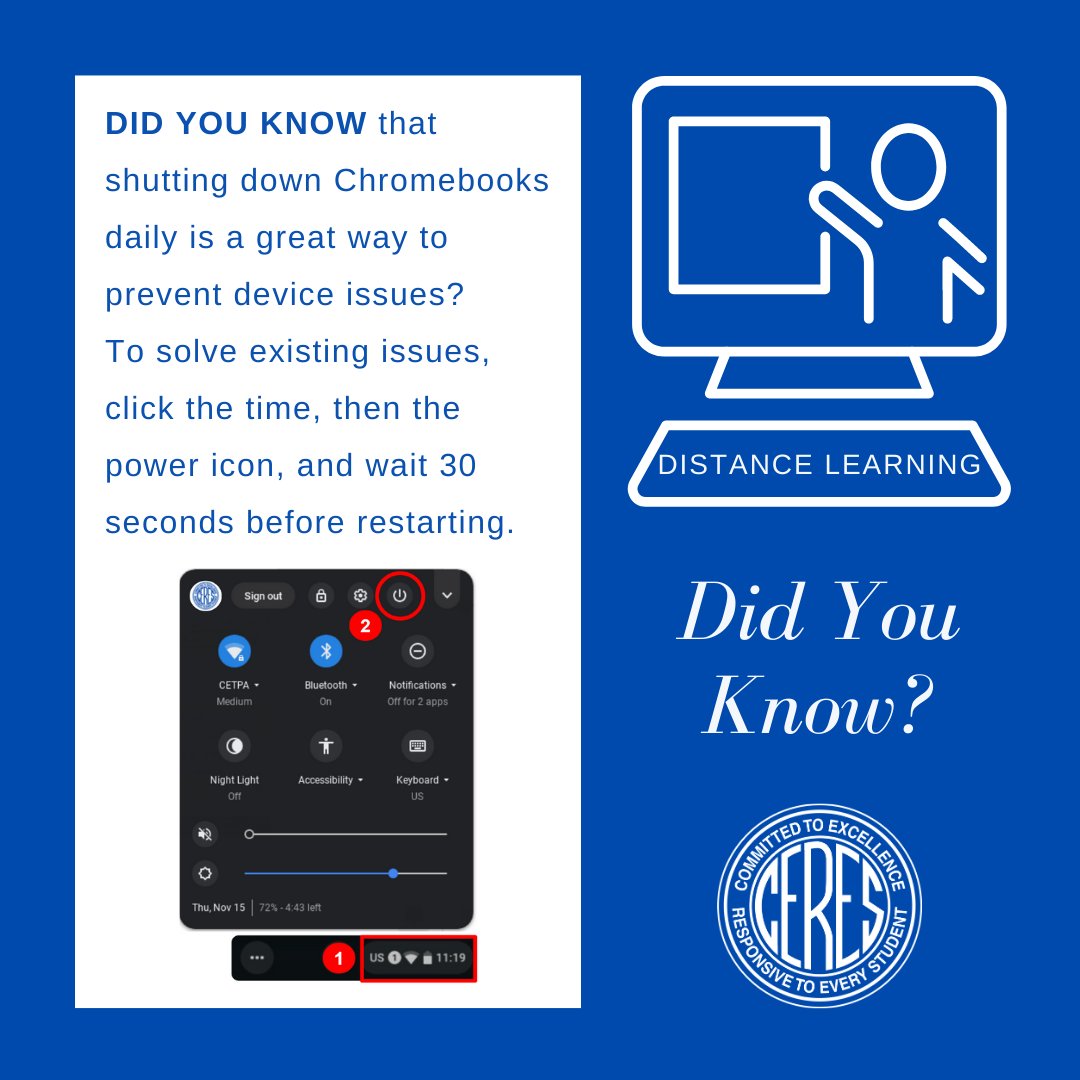 People: Sometimes we just need a fresh start.
Chromebooks: Same!

A tip from our EdTech team on keeping student devices running smoothly. 💻 #distancelearning #didyouknow #cereslearns