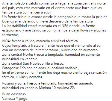 jormax76's tweet photo. Fresco a templado , humedad en aumento, vientos leves del Norte, minima 10 maxima 22.
@guillermozysman @Maru_pez @marcetapia @dhfiori @diegogmontilla @JFelcaro @LT8am830 https://t.co/1cl80D5imE
