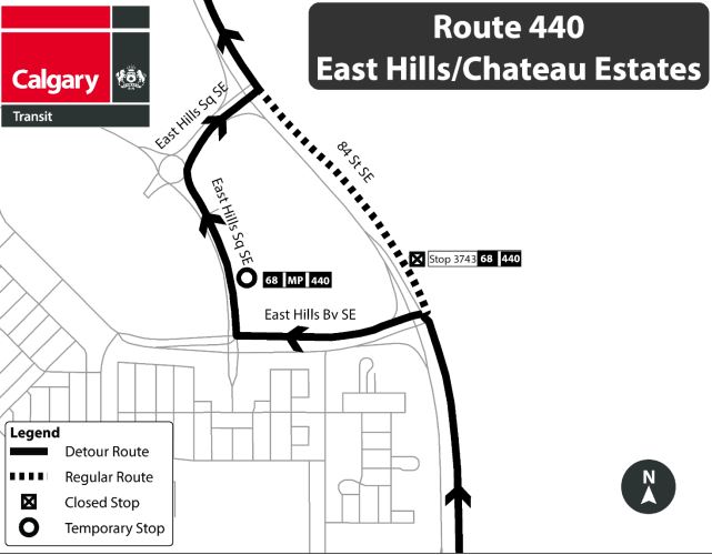 calgarytransit's tweet photo. #CTRiders DETOUR #Route68, #MaxPurple, &amp; #Route440 Starting Mon, Sept 21 at 9 a.m. and continuing until Fri, Sept 25 at 3 p.m., northbound 84 Street S.E. north of East Hills Boulevard S.E. will be closed. Stop# 3743 &amp; 2788 will be temporarily closed. https://t.co/xUo0Q8jToj https://t.co/GNsZvb1atb