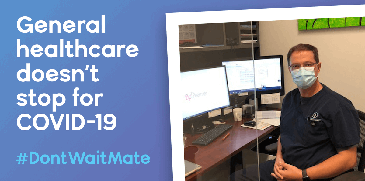 MedicinesAus's tweet photo. Your local practice may look a little different right now, but general healthcare doesn’t stop during the pandemic. Health practitioners are  here to keep you well, so if you need an appointment or have questions about accessing care, get in touch. Please #DontWaitMate https://t.co/8DH9W8PWAm
