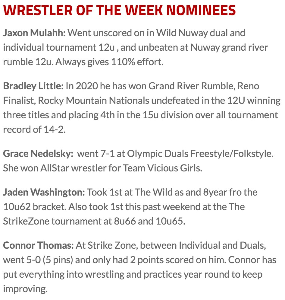 WRESTLENUWAY's tweet photo. Congrats to this week’s #WrestlerOfTheWeek nominees! 
Voting goes until 5 PM Friday, and you can vote once per day! As always, winner gets a free NUWAY tournament entry.

Link to vote --> https://t.co/LmN4QoskDg https://t.co/rHoehnaGaO