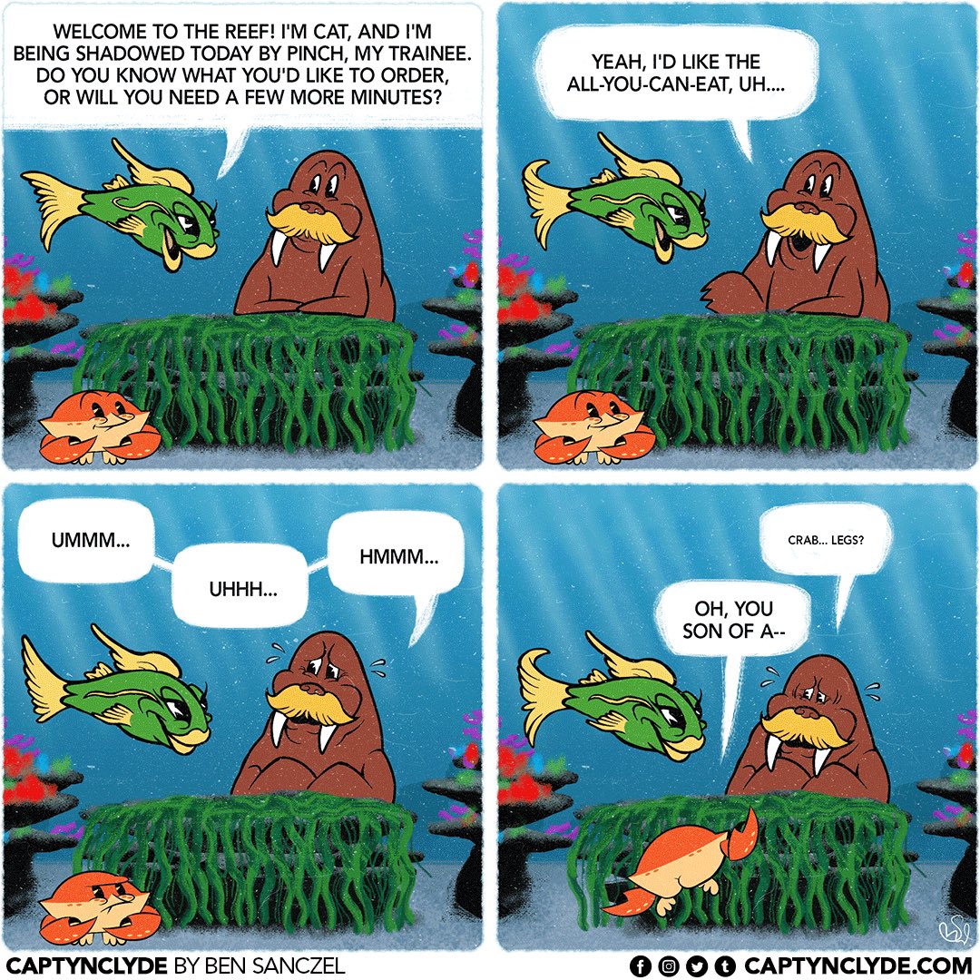CaptynClyde's tweet photo. Pinch Gets A Job, Part 13 : All-You-Can-Eat

#webcomic #comicstrip #dailycomic #captynclyde https://t.co/lGZsuXIg4m