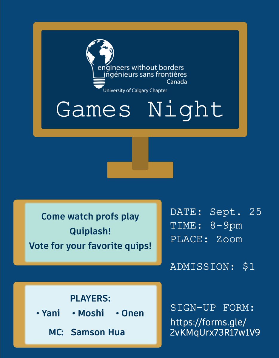 ucalgaryewb's tweet photo. Hi All! We are hosting a virtual game night with your favorite engineering professors on Sept 25th at 8 pm. You can sign up using this link: https://t.co/o727vLS1yz  #schulich #gamenight https://t.co/naovS9mxry