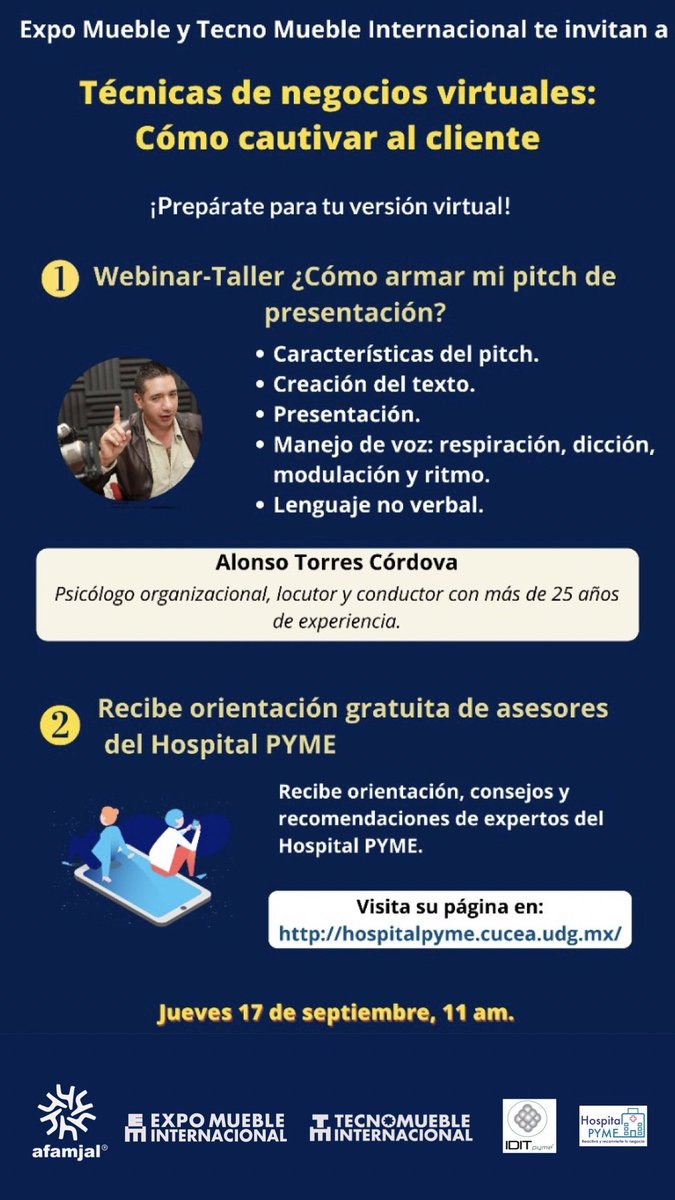AfamJal's tweet photo. Te invitamos al webinar “Técnicas de negocios virtuales: cómo cautivar al cliente”📢
🗓 17 septiembre
⏰ 11:00 h
📲 https://t.co/u5JDUT1tg3
Presentan: @expomueble #TecnoMueble @IDITpyme #HospitalPyme
#AfamjalNoPara #MueblerosDeJalisco https://t.co/Z64NpDEwH4