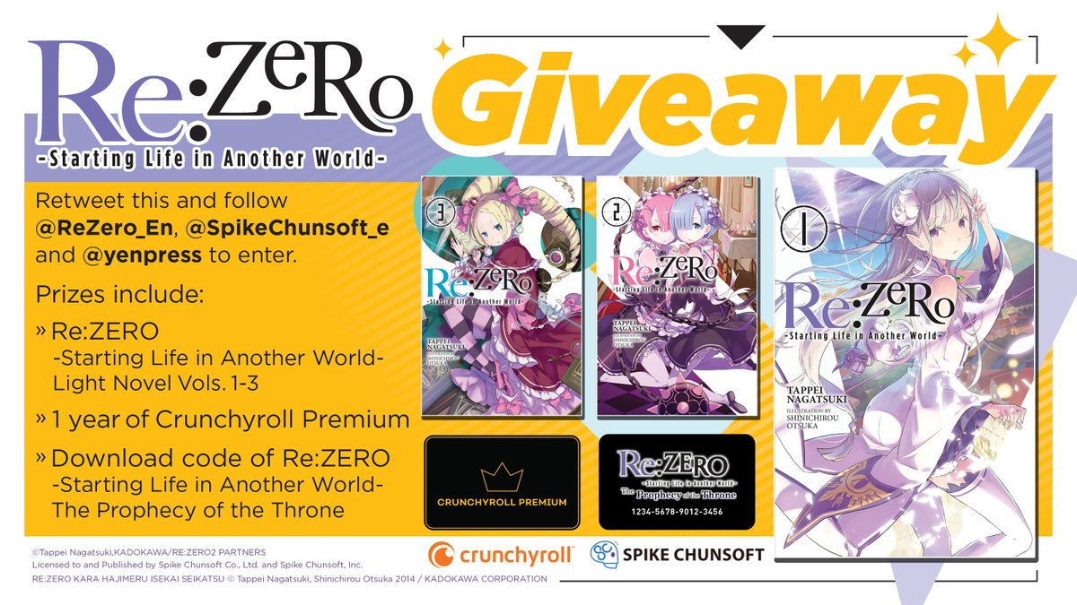 💖 FLASH CONTEST 💙 RT &amp; Follow <a href="/yenpress/">Yen Press</a>, @spikechunsoft_e &amp; @rezero_en for a chance to win this amazing Re:ZERO fan pack &amp; a year of Crunchyroll premium!