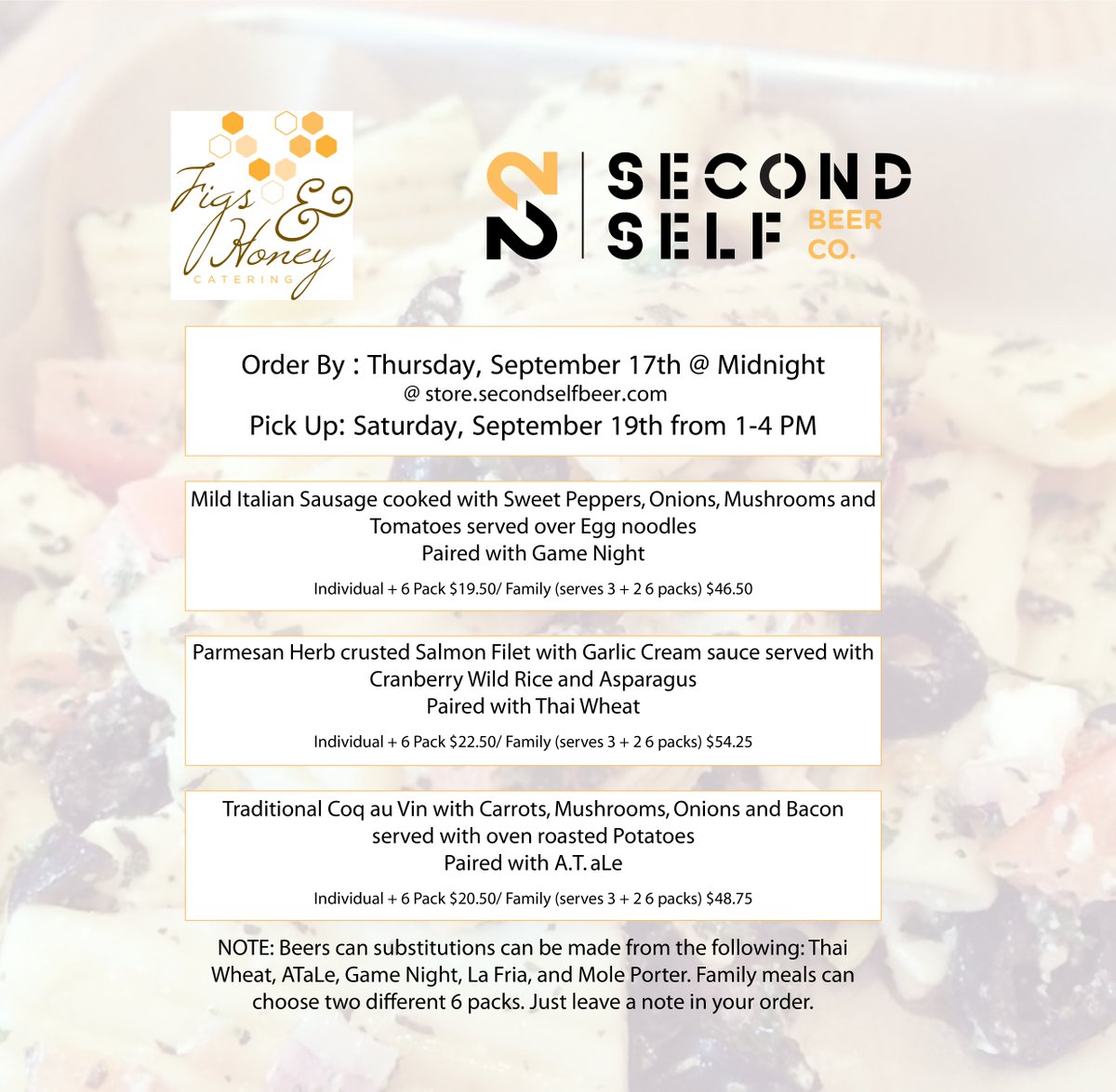 secondselfbeer's tweet photo. Take a look at the rotating Beer Pairing Meal menu this week. We have perfecting paired one of our beers with a Figs & Honey entree. Deadline for ordering this week in Thursday at midnight!
#secondselfbeer #readytoeat #premademeals https://t.co/nbmKONmJ3A