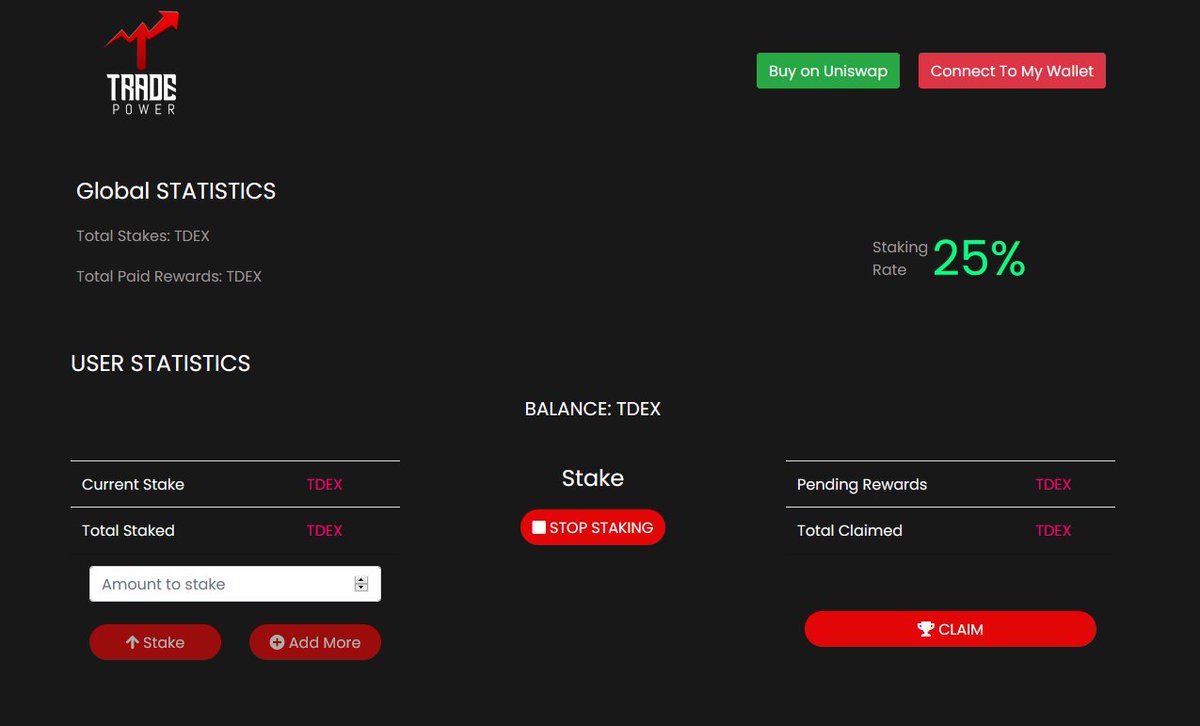 cryptotrader85's tweet image. $TDEX staking dapp is now live!

We can now start #staking our TDEX

=&amp;gt; tradepower.io/stake

There is no fee to unstake, you can unstake &amp;amp; claim at anytime. You can also add additional $TDEX to your staking amount at anytime #DYOR

#TDEX #ETH #DeFi #UniSwap

@TradePowerToken