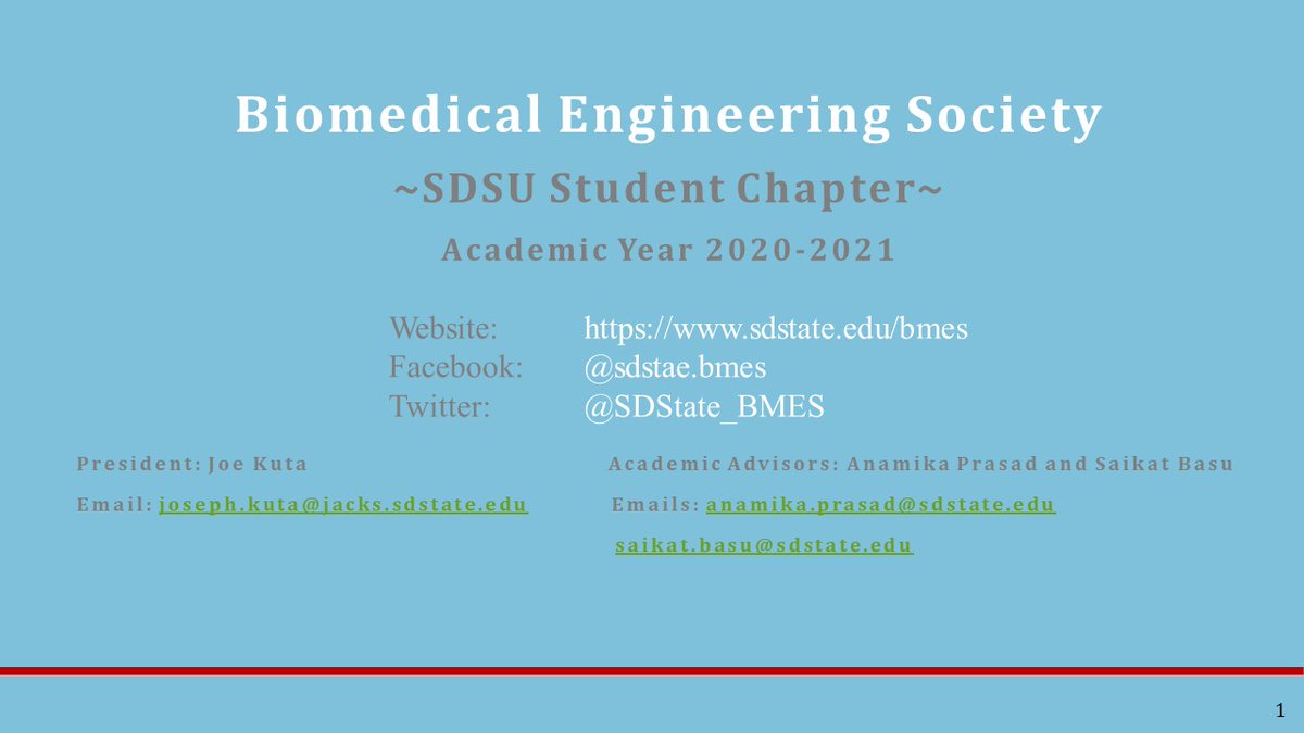SDState_BMES's tweet photo. Please find below the presentation slides of the first meeting held on 3rd September 2020.  
Connect with us: 

Website:   https://t.co/iJAejASC2m
Facebook: @sdstae.bmes

Contact us!
Joe Kuta, (P): joseph.kuta@jacks.sdstate.edu 
Mukesh Roy, (VP): mukesh.roy@sdstate.edu https://t.co/J3hkQL22PI