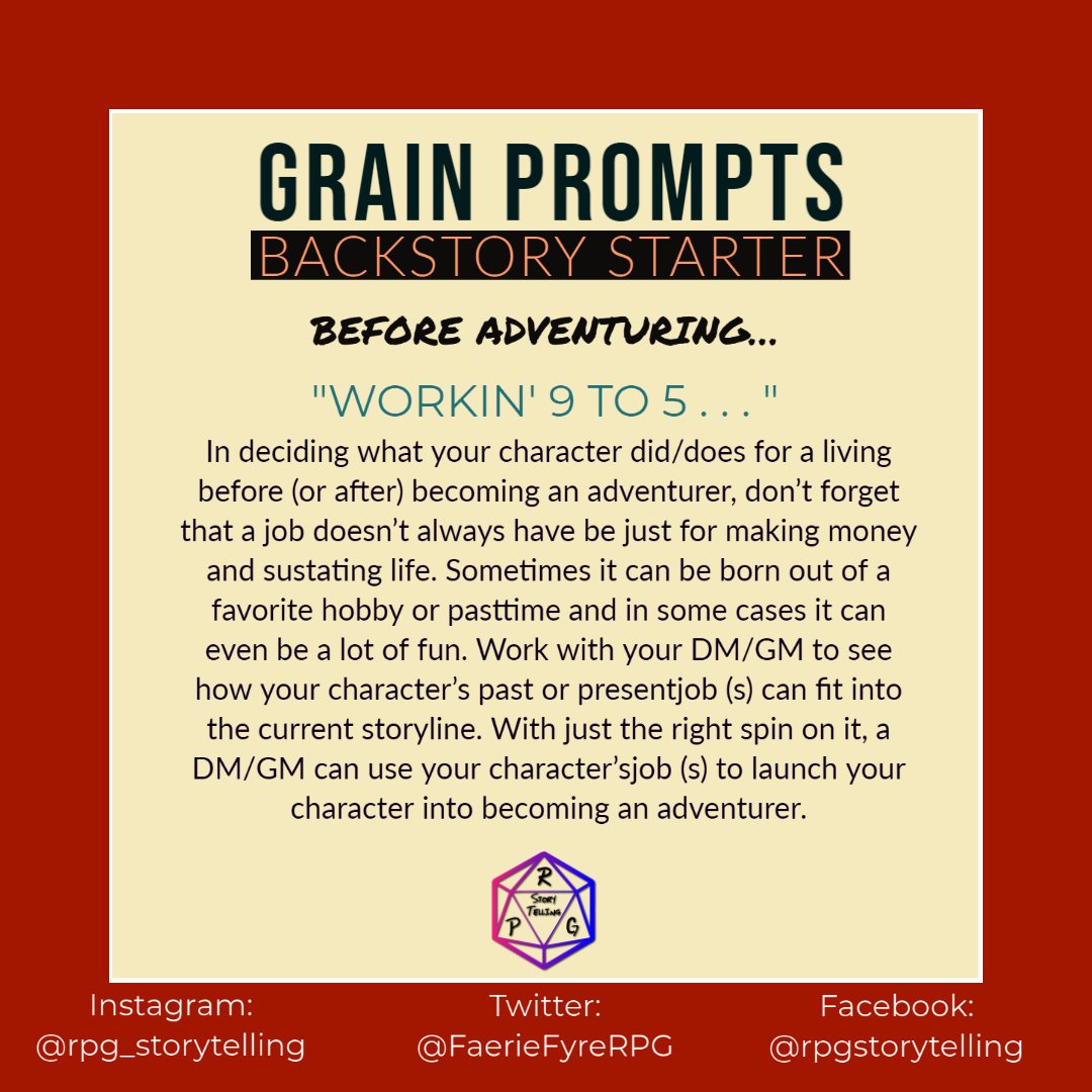 RpgStorytelling's tweet photo. Grain Prompts - Backstory Starter
Before Adventuring . . . "Workin' 9 to 5 . . . "

#rpg #rpgcharacter #ttrpg #characterdesign #characterbuilding #characterbackstory #characterbackground #writer #dm #gamemaster #dnd #dnd5e #dndcharacter #warhammer #warhammer40k #callofcthulhu https://t.co/ItWo5JKhfe