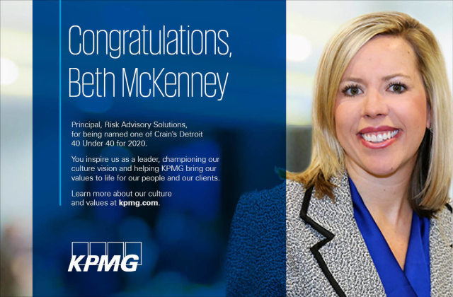 bmeter's tweet photo. Congratulations to Beth McKenney, Principal, Risk Advisory Solutions, who has been named to Crain’s Detroit 40 under 40 Class of 2020. Her friends and coworkers at @KPMG_US could not be more proud! https://t.co/USBREiNvjK https://t.co/f737vv2L8n