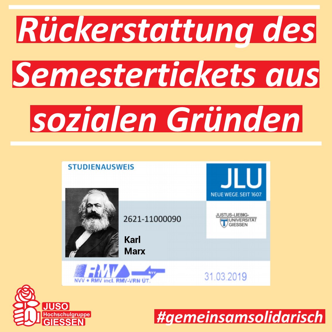 Letzte Woche wurde im Studierendenparlament unser Antrag zur Erweiterung der Rückerstattung des Semestertickets um soziale Komponenten beschlossen. 
#gemeinsamsolidarisch #jlu #semesterticket #studierdochwieDUwillst