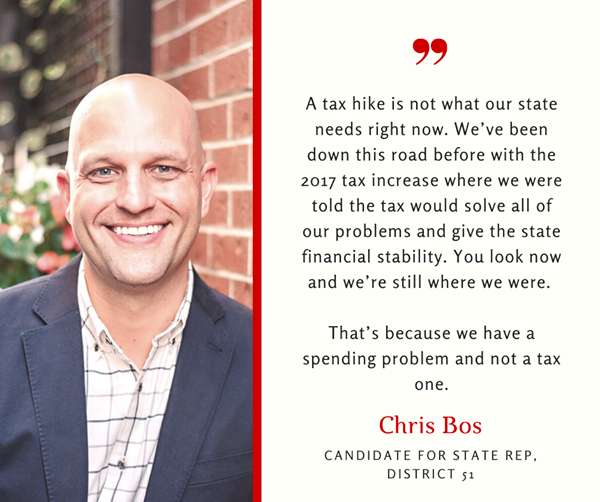 ILOpportunity's tweet photo. The son of a small business owner knows how the #ProgressiveTax will go: fewer jobs, fewer stores, and a continued exodus of people streaming out of Illinois. @Chris_Bos wants to deal with the real issue: the spending problem in Springfield. #twill https://t.co/TGCEqb75tF