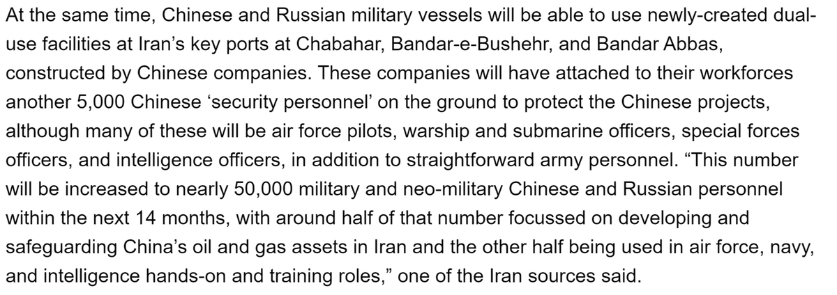 5000 security personnel will be attached to protect work forces on the ground. With up to 50k Russian and Chinese military and paramilitary personnel arriving in the next 14 months as part of a comprehensive training mission for Iran's military and to provide security.