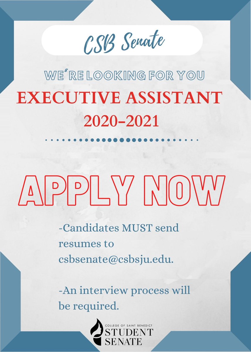 SaintBensSenate's tweet photo. The CSB Senate also has positions available for public relations assistant and executive assistant.

-Resumes can be sent to The CSB Senate's email: csbsenate@csbsju.edu.

-An interview process will be required. https://t.co/q6lass9kxK