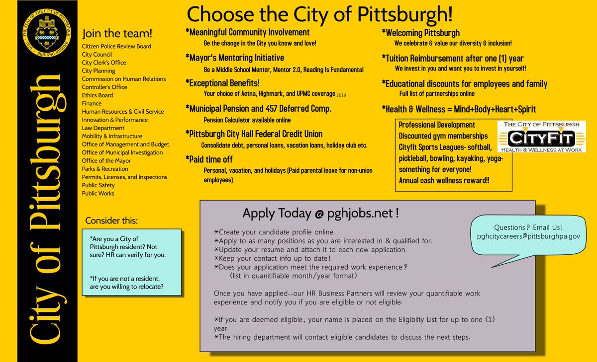 Need money? 

Get your applications in now for our Payroll technician position. Applications close on Monday September 14th at 4 PM. DO NOT let this opportunity pass you by, take a look at the job requirements and apply:
ww.PGHJOBS.NET
Have a great day, Pittsburgh!!