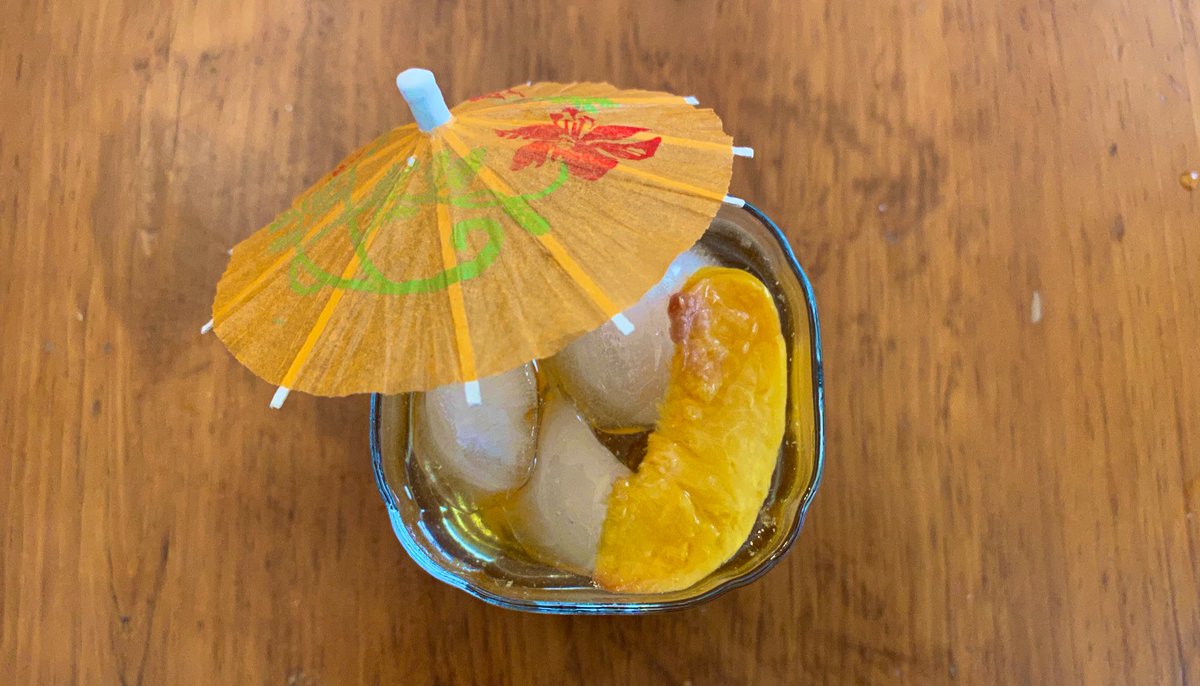 Happy hour Bourbon Peach Smash cocktail with an umbrella garish for ~*~fLaRe~*~