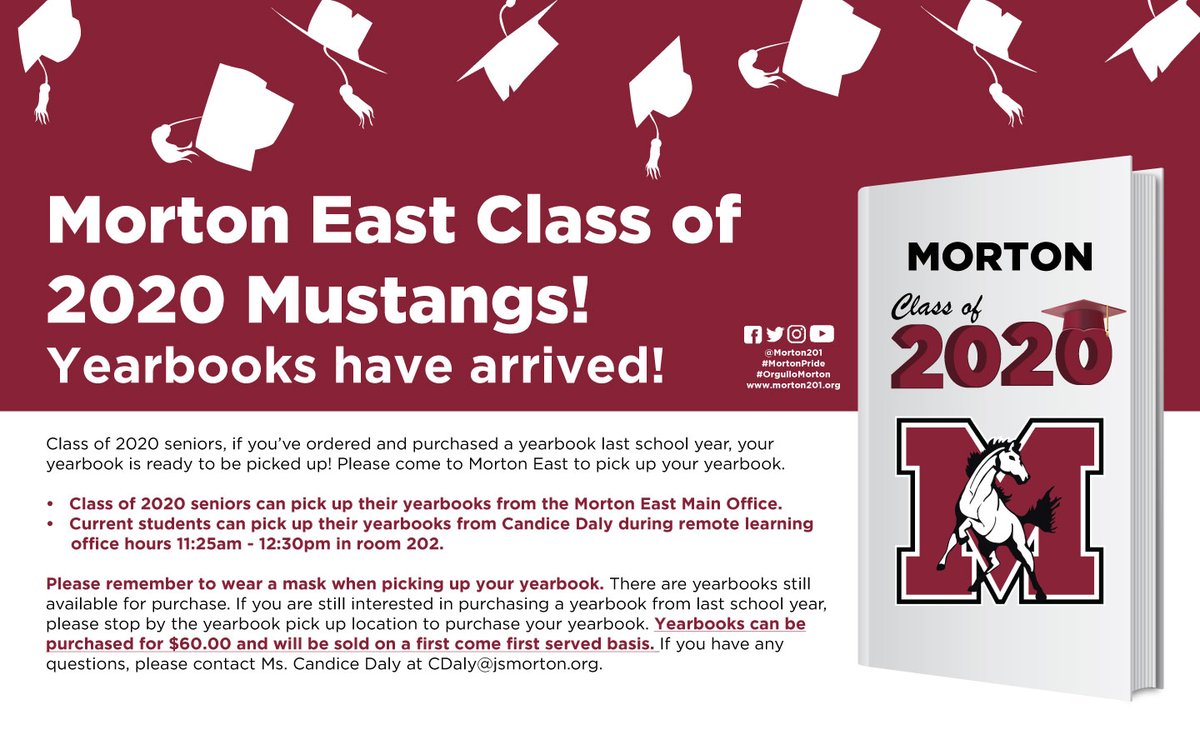 Morton201's tweet photo. Morton Students,
Yearbooks have arrived! If you purchased a yearbook last school year, it is ready to be picked up! Please refer to the flyers for details. #MortonPride #MustangsLearnAtHome #OrgulloMorton #MustangsAprendenEnCasa https://t.co/o7oa52BERy