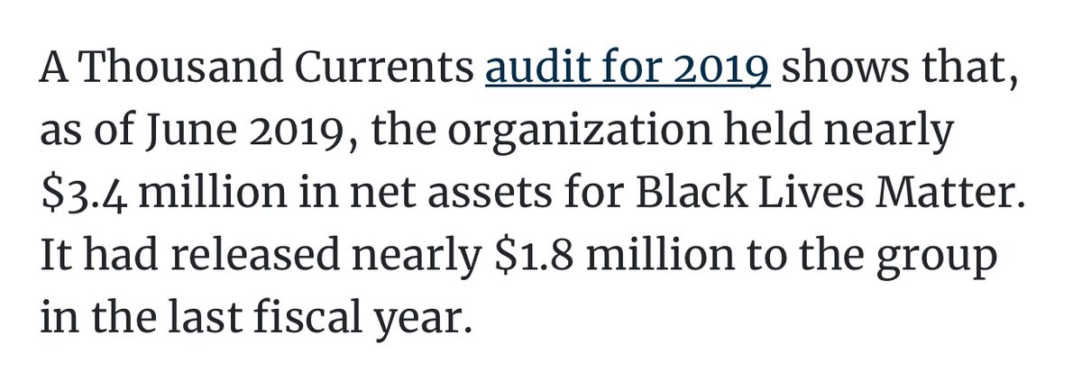 Here is more info from FactCheckThousand Currents reported in the audit that they held $3.4M in net assets It should be noted that the audit link posted by FactCheck, goes only to Thousand Currents home page.  https://www.factcheck.org/2020/06/donations-to-black-lives-matter-group-dont-go-to-dnc/