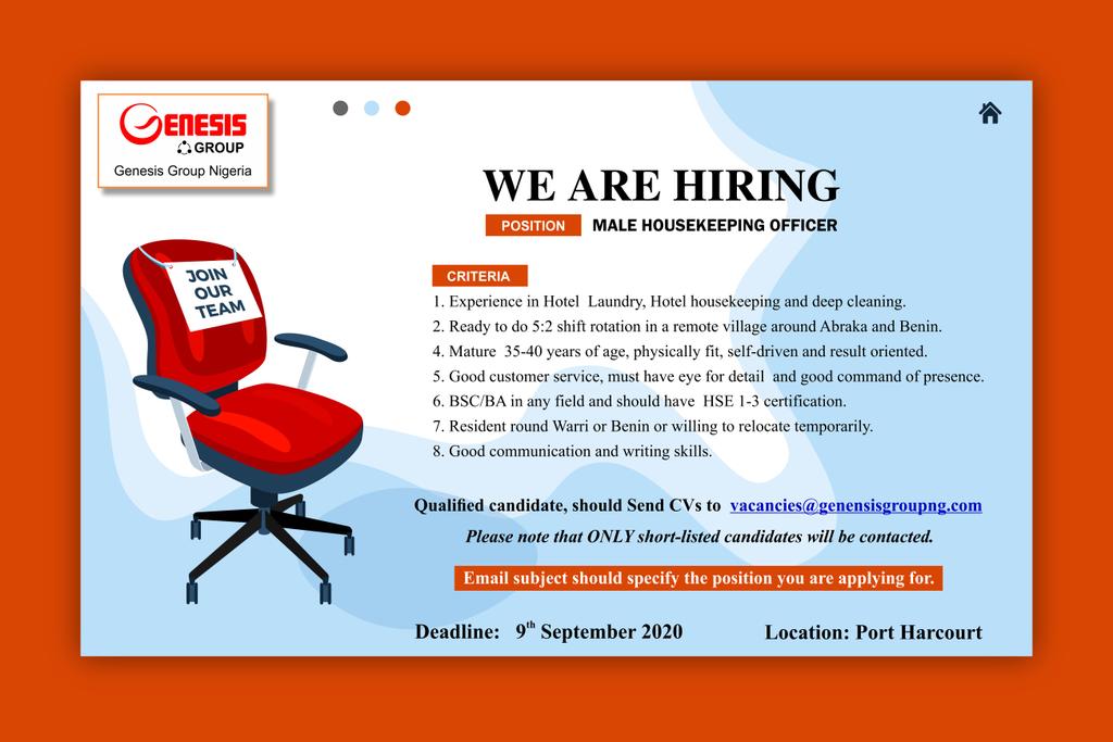 genesisgroupng's tweet photo. We Are HIRING!! 
Male Housekeeping Officer.
Location: Port Harcourt.
View picture for details. 

Good Luck. #genesisgroup #Vacancy https://t.co/pJlLRkqHqo