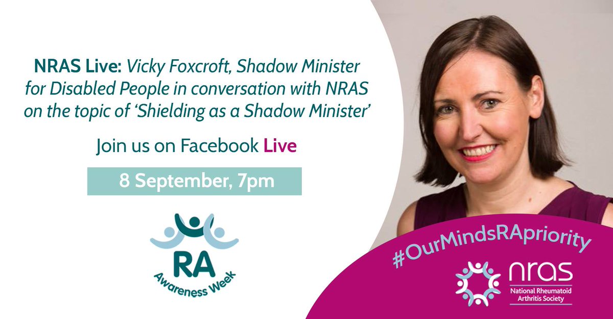 NRAS_UK's tweet photo. Make sure to check out our Facebook Live with @vickyfoxcroft this evening at 7pm! She'll be talking about shielding with our Founder @AilsaBosworth1
Link: https://t.co/1D70l7KC3T
#RheumatoidArthritis #OurMindsRApriority https://t.co/PFpM1ANkWp