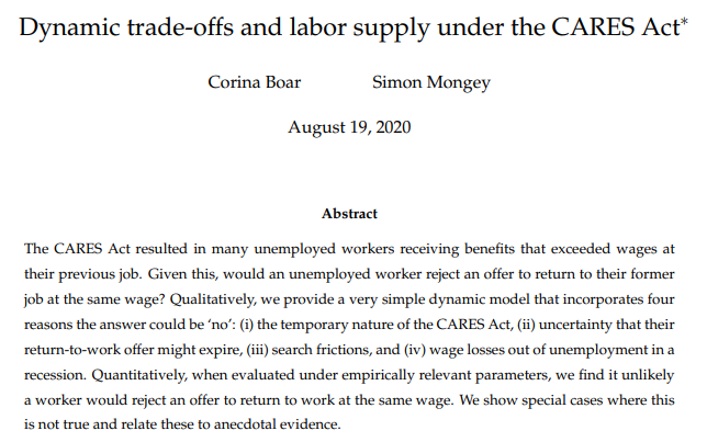 But WHY??How can you pay people to stay at home without hurting the labor market? How can this be?????Economic theorists have some answers. Corina Boar and  @Simon_Mongey are on the case. http://www.simonmongey.com/uploads/6/5/6/6/65665741/boar_mongey_cares_act_2020.pdf