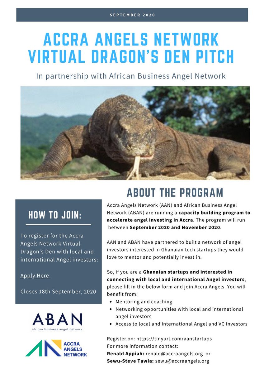 Are you are a Ghanaian tech startup interested in connecting with local and international angel investors?
Sign up for the maiden dragon's den pitch by ANN and ABAN. 
 Register ; tinyurl.com/aanstartups 

#AcceleratingAngelInvesting #Ghana #EcosystemBuilding
