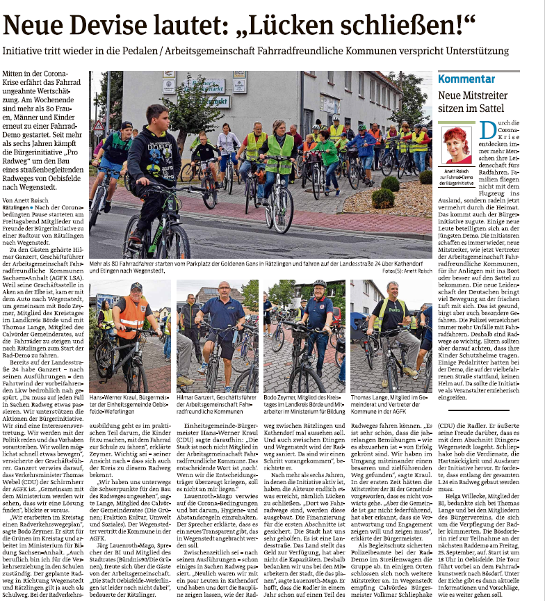 Am 28.08. war die AGFK-Geschäftsstelle zu Gast bei der Bürgerinitiative "Pro Radweg L 24" in Calvörde und Wegenstedt. Die AGFK unterstützt das Vorhaben. Erste Erfolge sind: Planungen zw. Rätzlingen und Kathendorf liegen vor und zw. Ethingen und Wegenstedt wird der Radweg saniert.