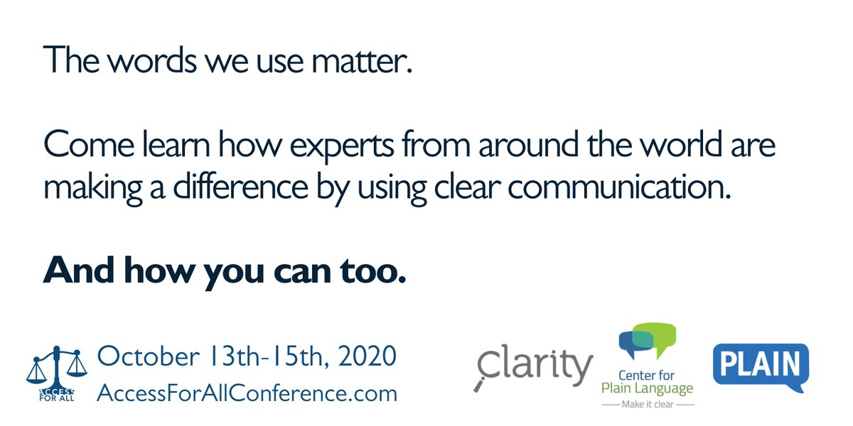 AccessForAllCon's tweet image. The words we use matter. 

Come learn how experts from around the world are making a difference by using clear communication. 

And how you can too. 

accessforallconference.com

#plainlanguage #accessforallconference #AFA2020 #accessmatters