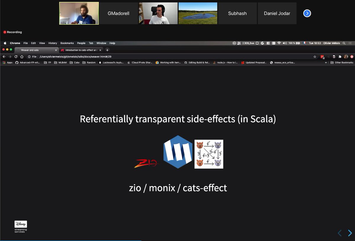 ScalaBcn's tweet photo. Talk on Cats-Effect by Olivier Mélois going on right now 🙌🙌🙌. https://t.co/0TCpYfFcMI