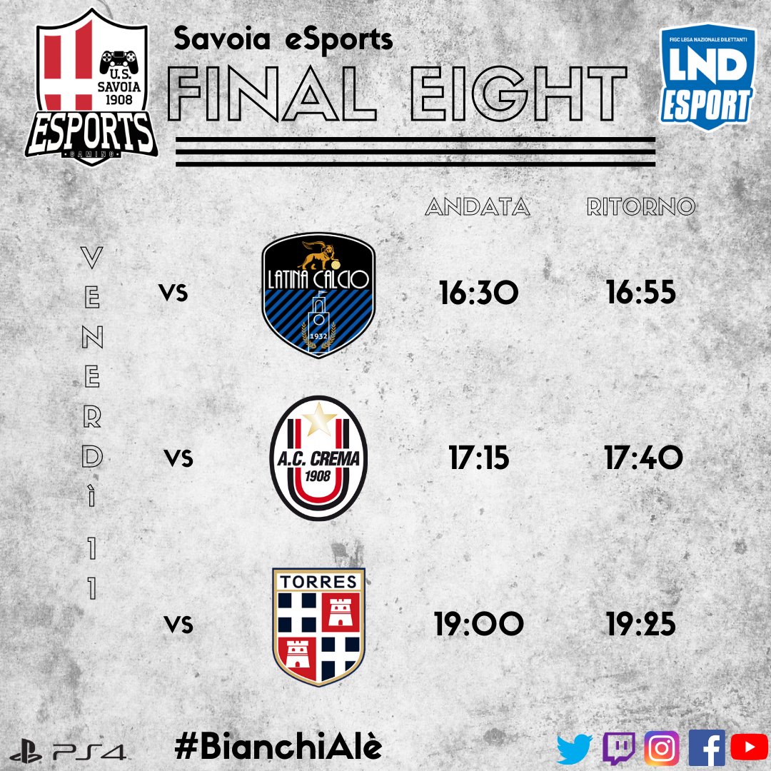 SavoiaeSports's tweet photo. 🎮| FINAL 8️⃣

🏆 @LegaDilettanti eSerie D
📅 Venerdi 11/09
📁 Girone 1
🆚 @Latina_ProClub @Crema1908 @sef_torres 

Venerdì ci aspettano incontri difficili, l’obiettivo è raggiungere le semifinali di sabato... WE ARE READY! 🤍🖤

#BianchiAlè #ForzaSavoiaSempre 🏳️ https://t.co/kHT0pZzIrm