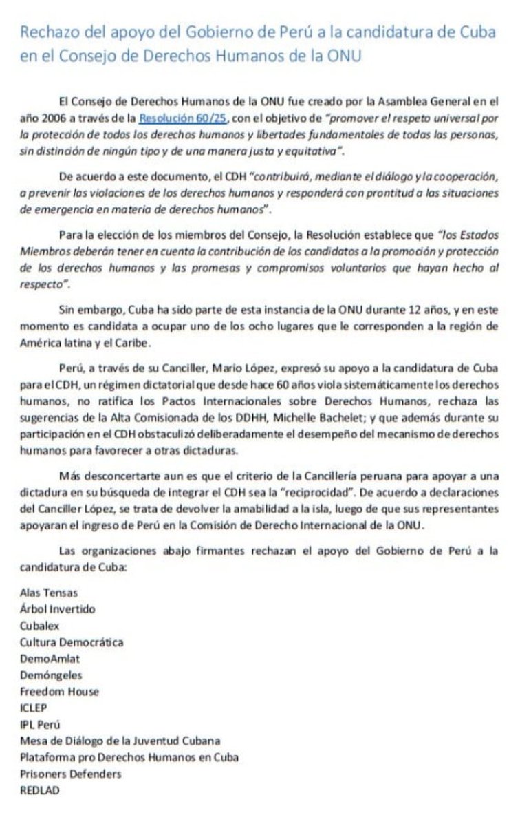 CultDemocratica's tweet photo. Nos sumamos al comunicado de @DemoAmlat en rechazo del apoyo del gobierno de #Peru a la candidatura de #Cuba al Consejo de #DDHH de la @ONU_es @ONU_derechos ⚠️🇨🇺 #DemoAmlat https://t.co/2iey4tozZl https://t.co/MFMNlFVOSF