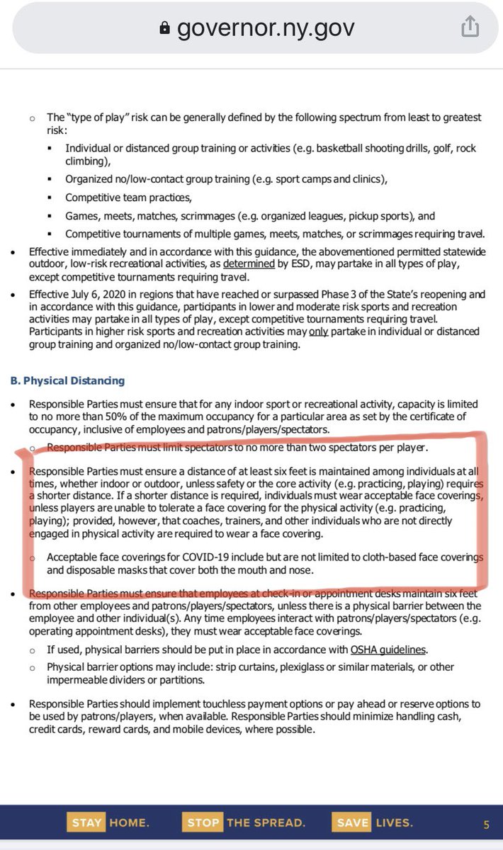 FYI...As per <a href="/HealthNYGov/">NYSDOH</a> guidance for ALL high school sports, when six feet cannot be maintained, face coverings are required unless players are unable to tolerate a face covering for the physical activity. This is SAME guidance youth sports were given for summer play. <a href="/NYSPHSAA/">NYSPHSAA</a>