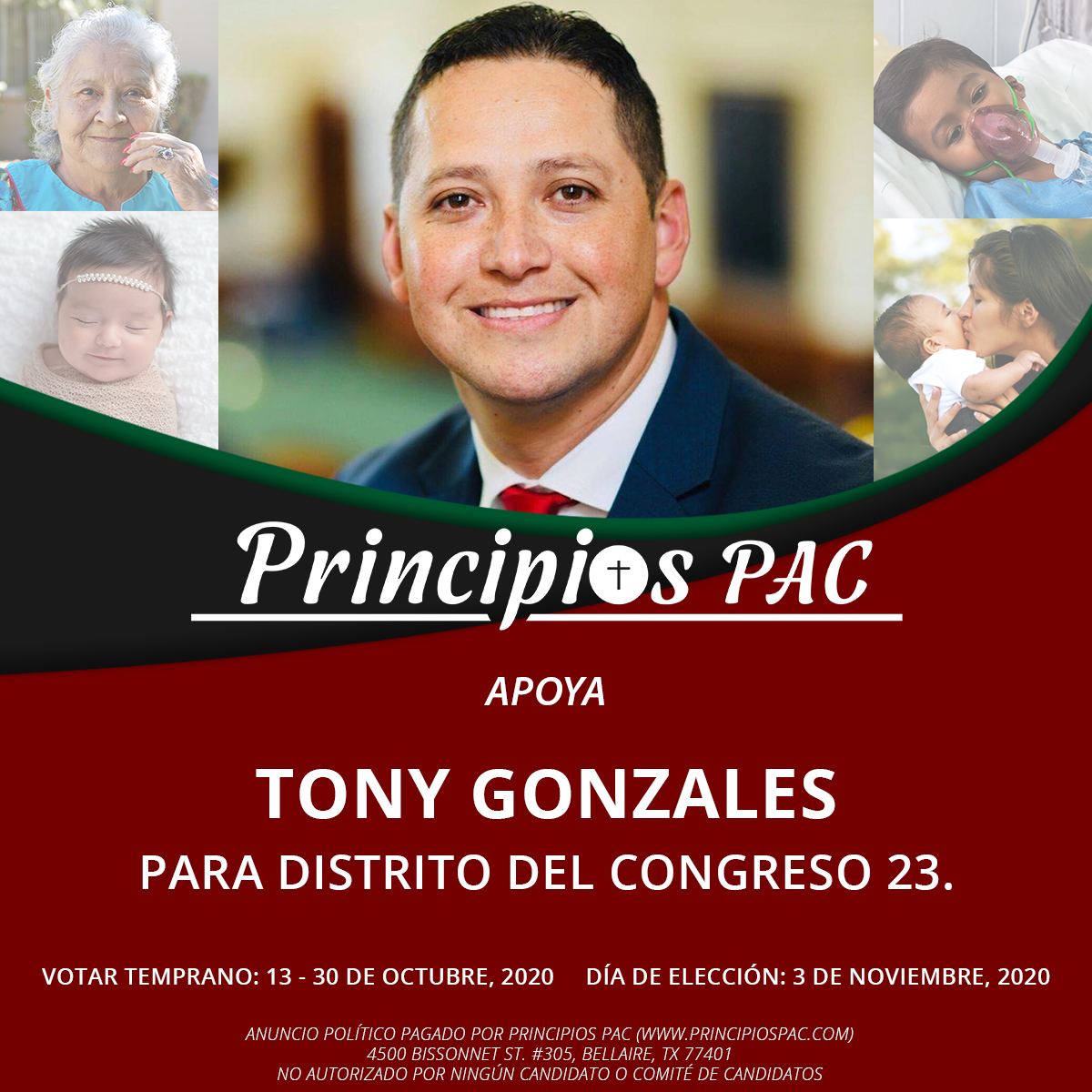 PrincipiosPAC's tweet photo. Tony Gonzales es un veterano y Católico consistente Pro-Vida que se enfrenta a un demócrata radicalmente pro-aborto. Si vives entre El Paso y San Antonio, vota Pro-Vida por el Republicano @TonyGonzales4TX!  #ProVida https://t.co/j789gmRBR6