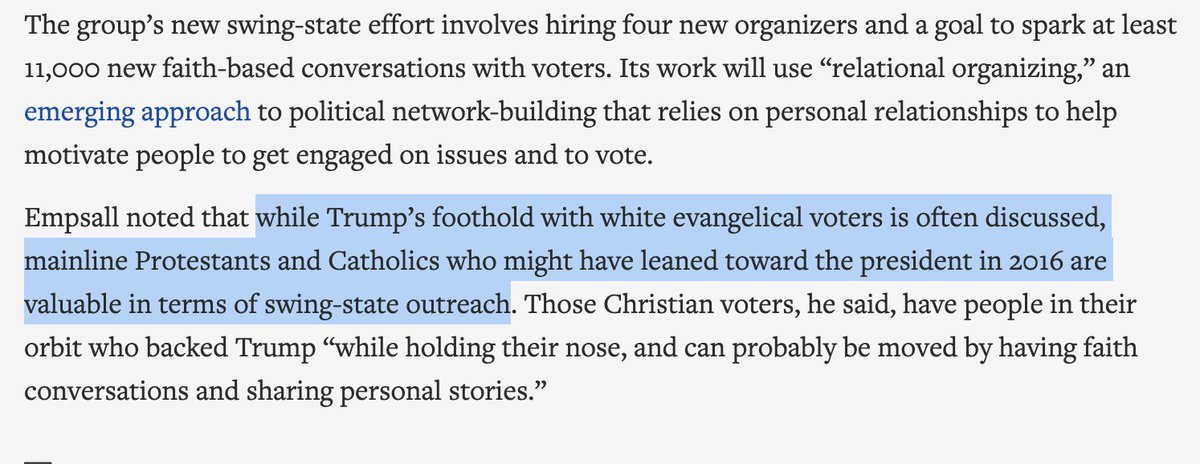 TBQH this is not super interesting, but I'll give Rev. Empsall this--he knows white evangelicals aren't worth trying to reachMaybe his group will be able to move a few white mainline Protestants and Catholics to vote for Biden. https://apnews.com/09e6cd648fc6ebd5ee5900baf449a23d #TuesdayThoughts