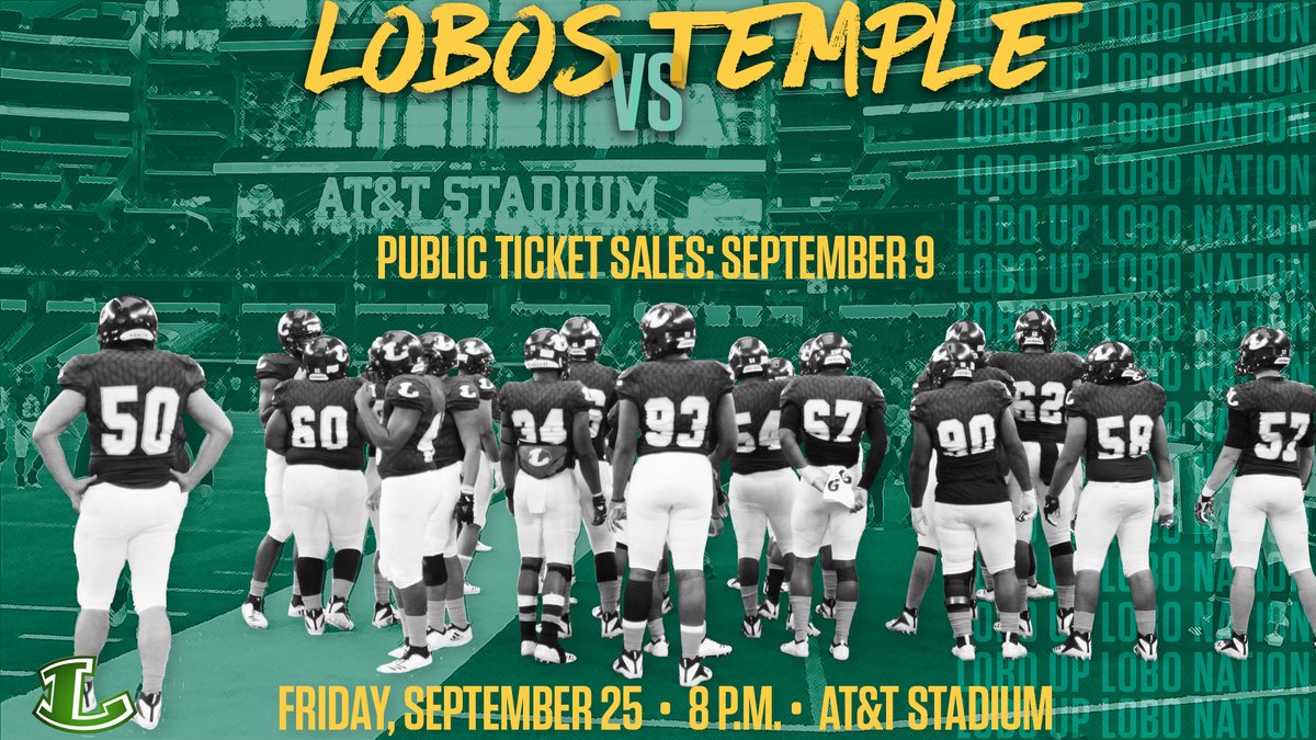 LongviewISD's tweet photo. Longview Lobo Football kicks off its season against Temple Wildcats on Friday, September 25 at 8 p.m. in AT&amp;T Stadium. 

Lobo Nation will be able to purchase tickets on Wednesday, September 9 at 10 a.m. Link to purchase tickets:  https://t.co/TRfjyK2dMf https://t.co/vfj0uq3Cg8