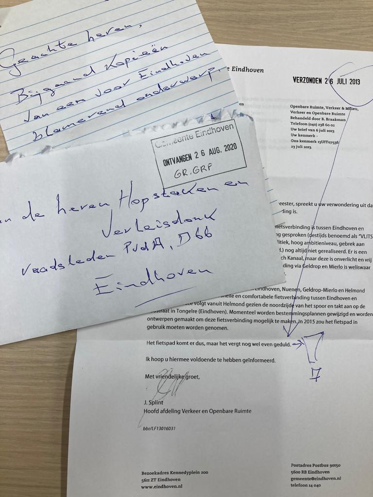 JanHopstaken040's tweet photo. Ouderwetse papieren brief over het fietspad tussen Eindhoven en Helmond, uit 2013: nog even geduld...! https://t.co/6Z6xXR5CqC