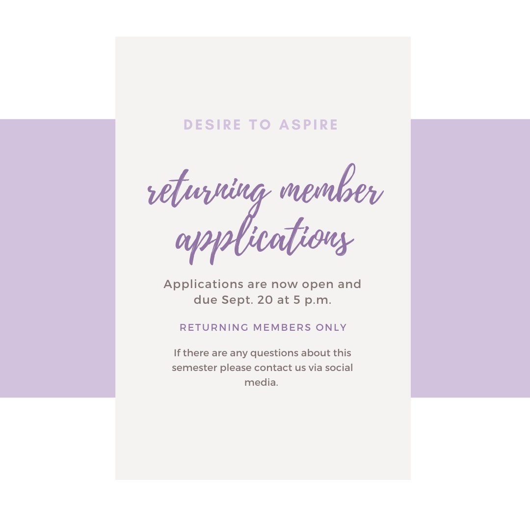 Desire2AspireMU's tweet photo. Hello Aspirers, D2A hopes everyone is staying safe and healthy during these unprecedented times. While we unfortunately are not taking new members this semester, our applications are open TODAY for returners! Apply on Engage and contact us if need be. 💛🌟 https://t.co/t4n4iJtnsu