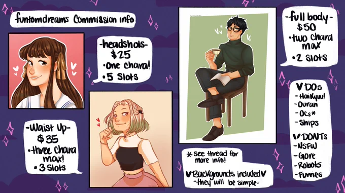 ?☀️ HEY HEY HEY!! I'M OPENING COMMISSIONS!!
- Rts are very much appreciated!
- Pls read the thread all the way before dm 