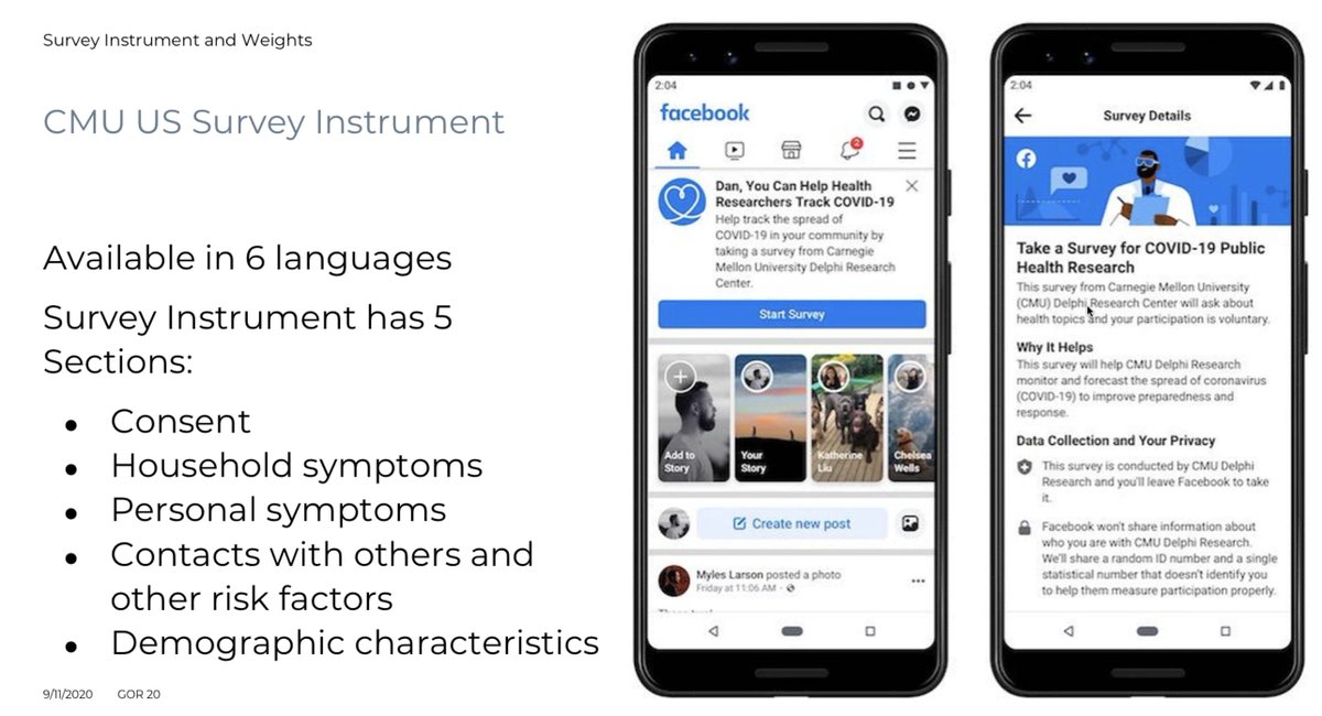 5/ Enter  @CmuDelphi and  @JPSMumd. Earlier this year, in partnership with  @Facebook, these academic institutions launched 'symptom surveys' to identify COVID-like illness in the US and globally. Users like you and me are prompted to respond at the top of our newsfeeds!