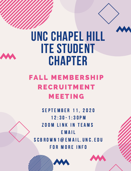 The UNC-ITE Student Chapter fall recruitment meeting is going to be this Friday Sept 11 @ 12:30-1:30! Looking forward to meeting new folx and getting more involved in <a href="/NCSITE_Sec/">NC Section - ITE</a> this year
