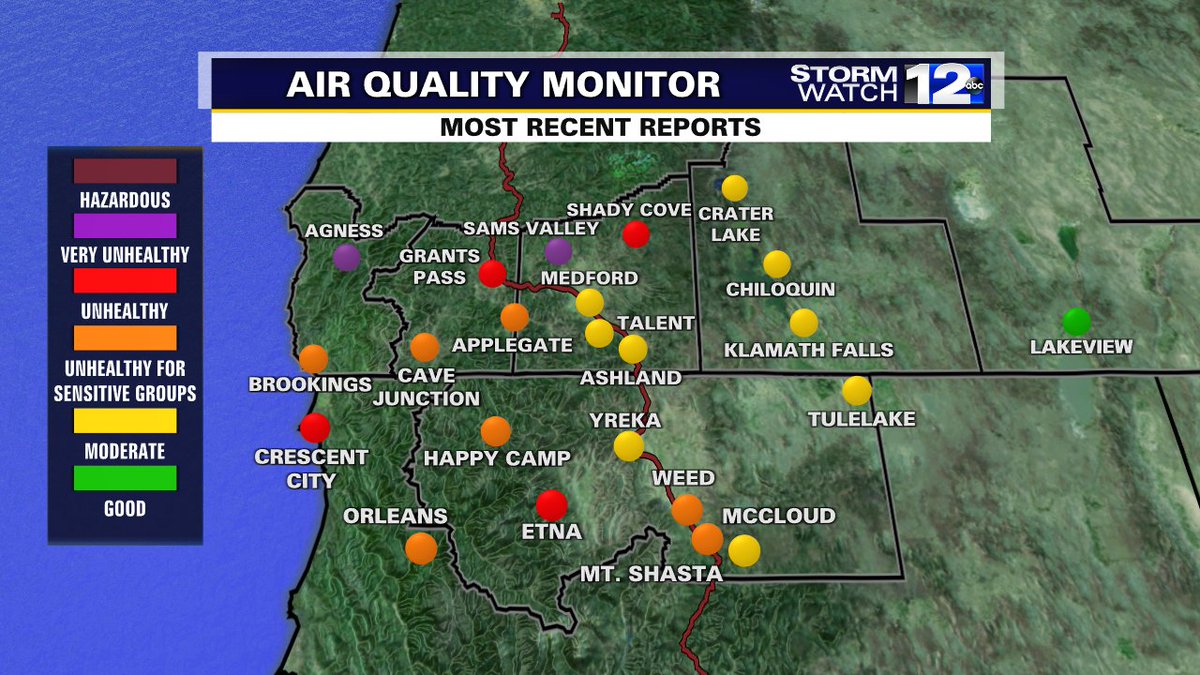 CaitlinHarveyWX's tweet image. 10:30 AM UPDATE: Smoke remains "VERY UNHEALTHY" in Sams Valley and Agness. Smoke will continue to move in along the coast from the #SlaterIncident (near Happy Camp) and the #TwoFourTwoFire (near Chiloquin).
