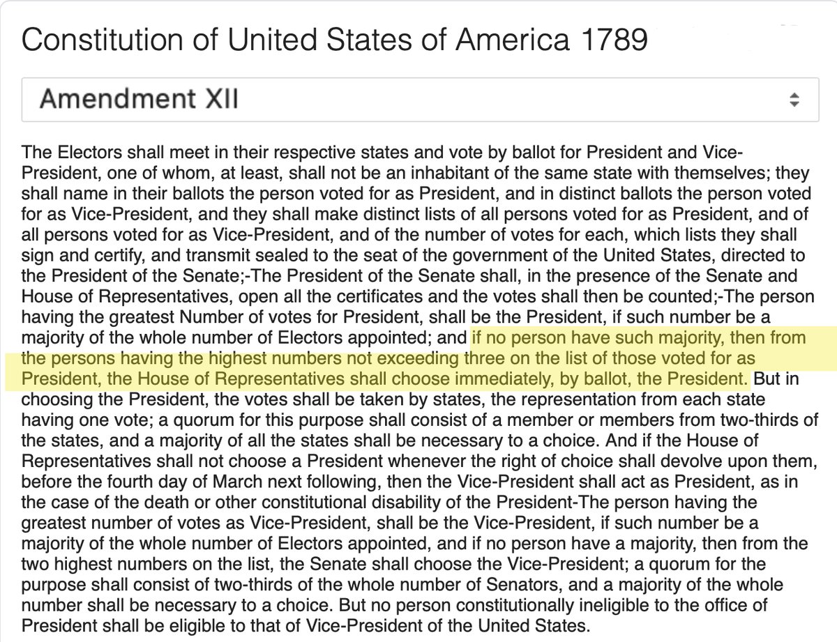 17/ To make it harder for a fringe extremist to become president, we have the Twelfth Amendment.If no presidential candidate achieves a majority, the House selects the president from the top three candidates. (I don't actually see that working well either).