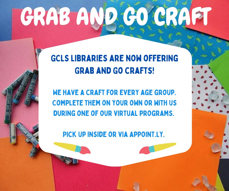 The library is now offering Grab and Go kits for library patrons of all ages.  Stop by your closest GCLS branch to pick up a kit today!  These will be available while supplies last!