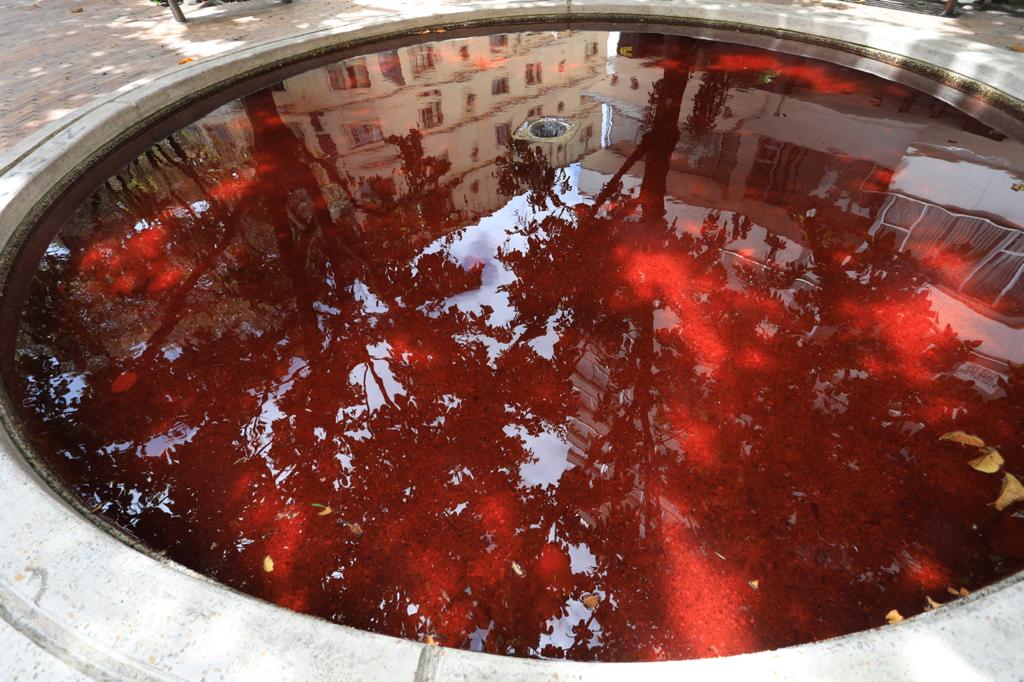 Citytv's tweet image. El Eje Ambiental se tiñó de rojo. Como una manifestación en contra de las masacres en Colombia, usando pigmentos naturales, artistas tiñeron el agua de las fuentes que recorren el emblemático sector Bogotá, como una representación de la sangre que se ha derramado. 
📸@CesmelA