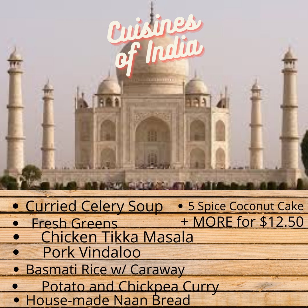 Come out to Taylor’s in the Human Sciences building and enjoy our week long cuisines of India!  

You get all of these amazing food options plus a dessert and drink for only $12.50!! Don’t miss out! 

We accept credit/debit cards &amp; bursar/meal plan! 
We hope we see you soon!