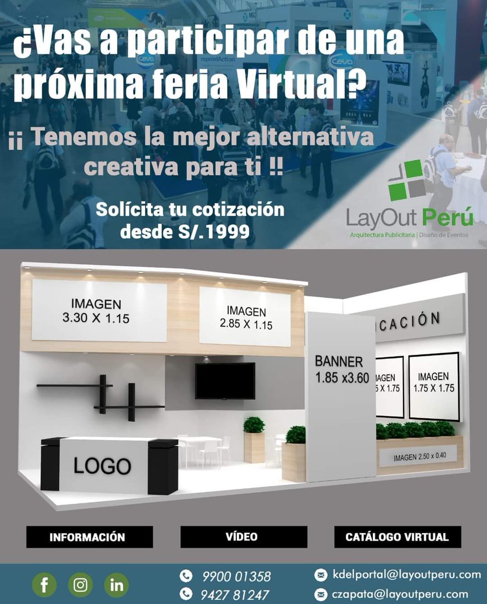 LayoutPeru's tweet image. Proximo a una Feria Virtual ⁉️⁉️
🆕️🆕️Tenemos la mejor alternativa creativa para ti y con super costos 👆🏻✅💡
Incluye tu stand Activado en Linea por 6 meses📶👌🏻

#RecorridoVirtual
438-3783 o 9427-81247 
 layoutperu.com 🌐