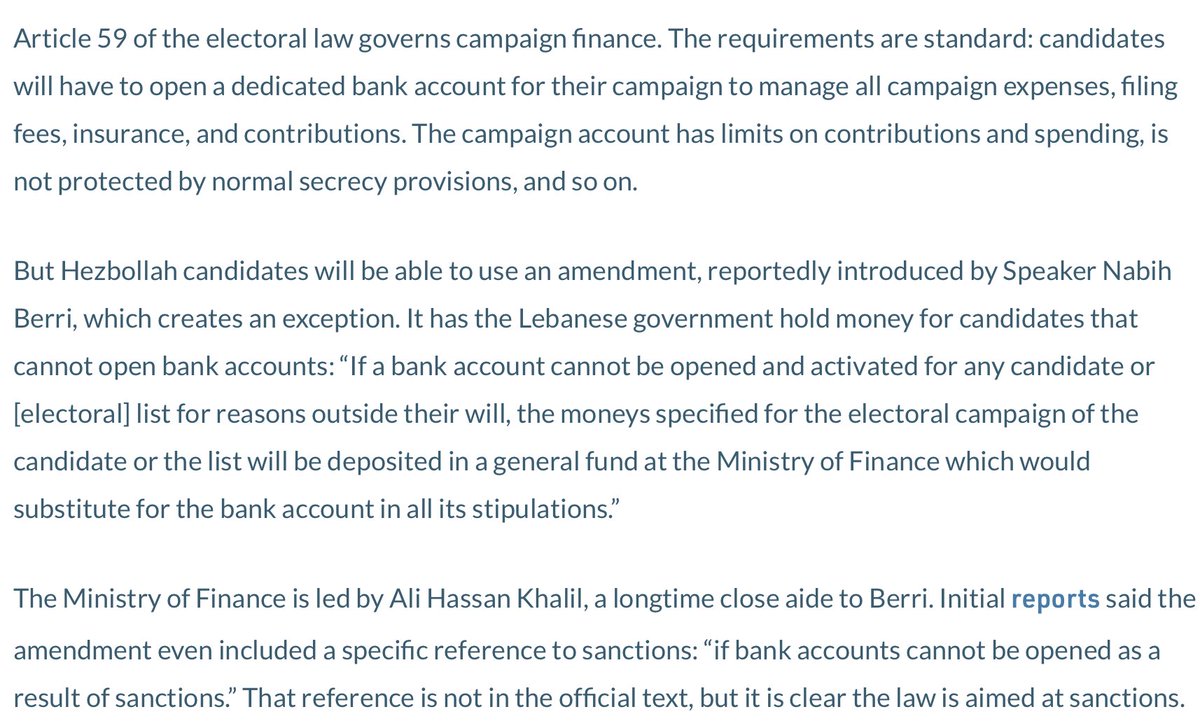 One direct example is found in 2017, during Khalil’s tenure. See here:  https://www.fdd.org/analysis/2017/07/06/lebanons-new-electoral-law-seeks-to-preempt-u-s-sanctions-on-hezbollah/ 4/ https://twitter.com/AcrossTheBay/status/1303388896143736832