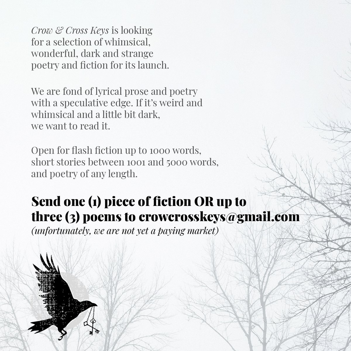 Crow &amp; Cross Keys is looking for a selection of whimsical, wonderful, dark and strange poetry and fiction for its launch on 31st October 2020 (submissions will then be open on a rolling basis).